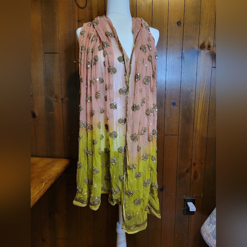 Peach and Lime Green Sequin Embellished Dupatta